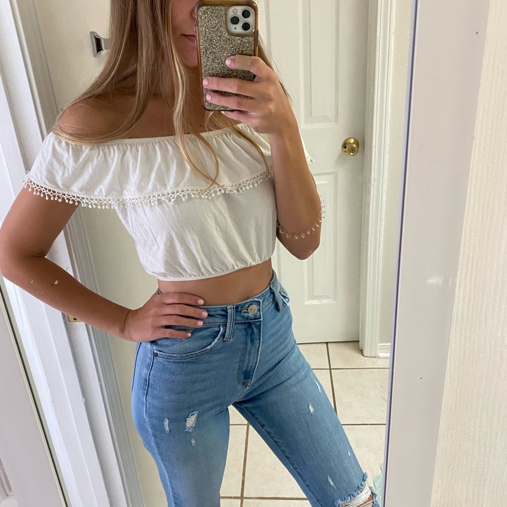 LA hearts white off shoulder crop top